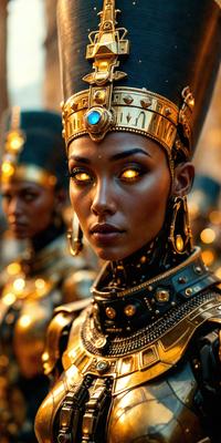 The primary subject of the image is a woman with glowing eyes, wearing a gold crown and a gold necklace. She is standing in front of a group of other women, who are also wearing gold crowns and necklaces. The setting appears to be a costume party or a themed event, as the women are dressed in gold and have glowing eyes. The visual style of the image is a combination of photo and digital art, creating a unique and eye-catching scene. The colors and mood of
